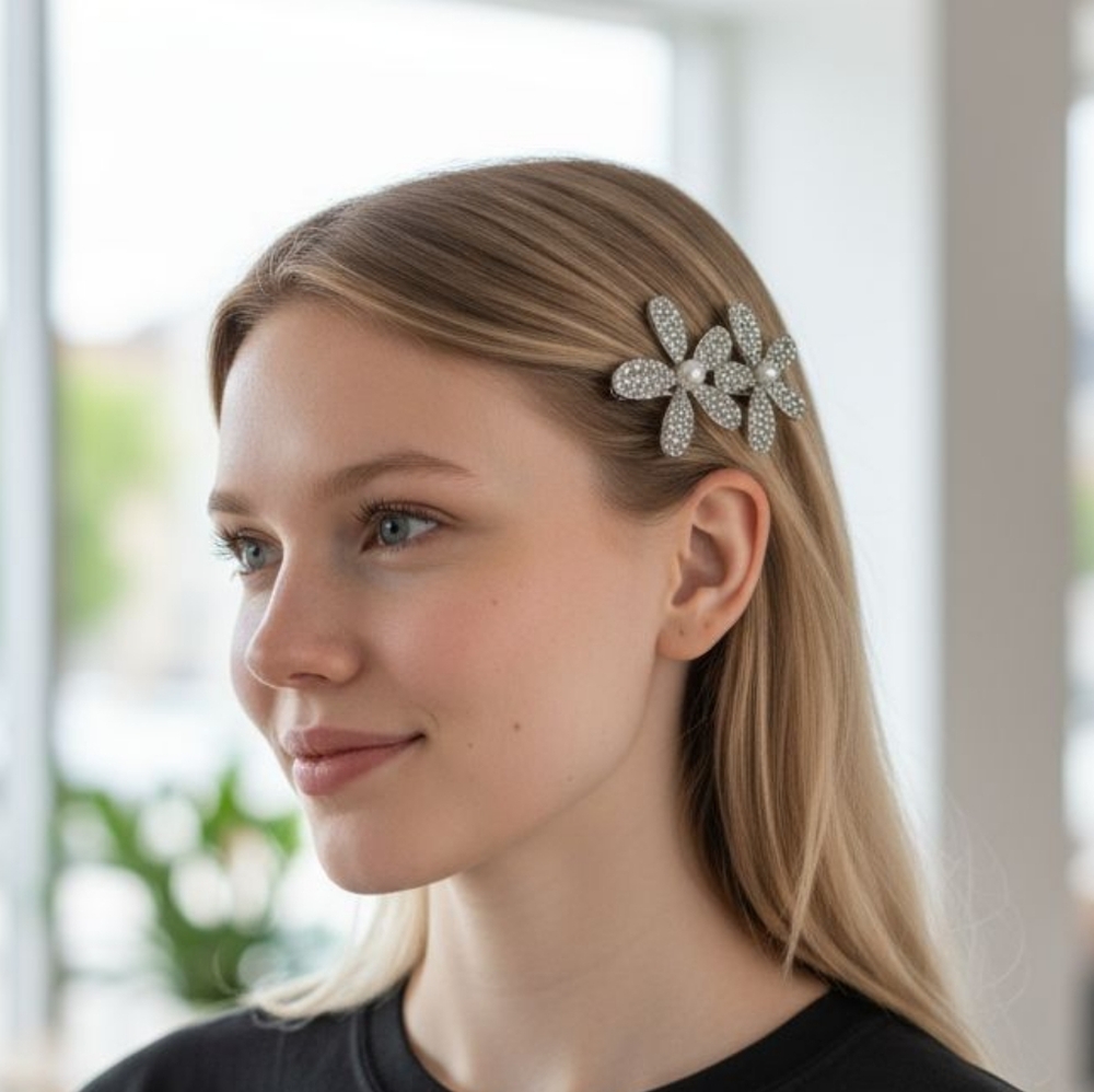 Rhinestone Double Flower Hair Clip- Available In Gold or Silver‎